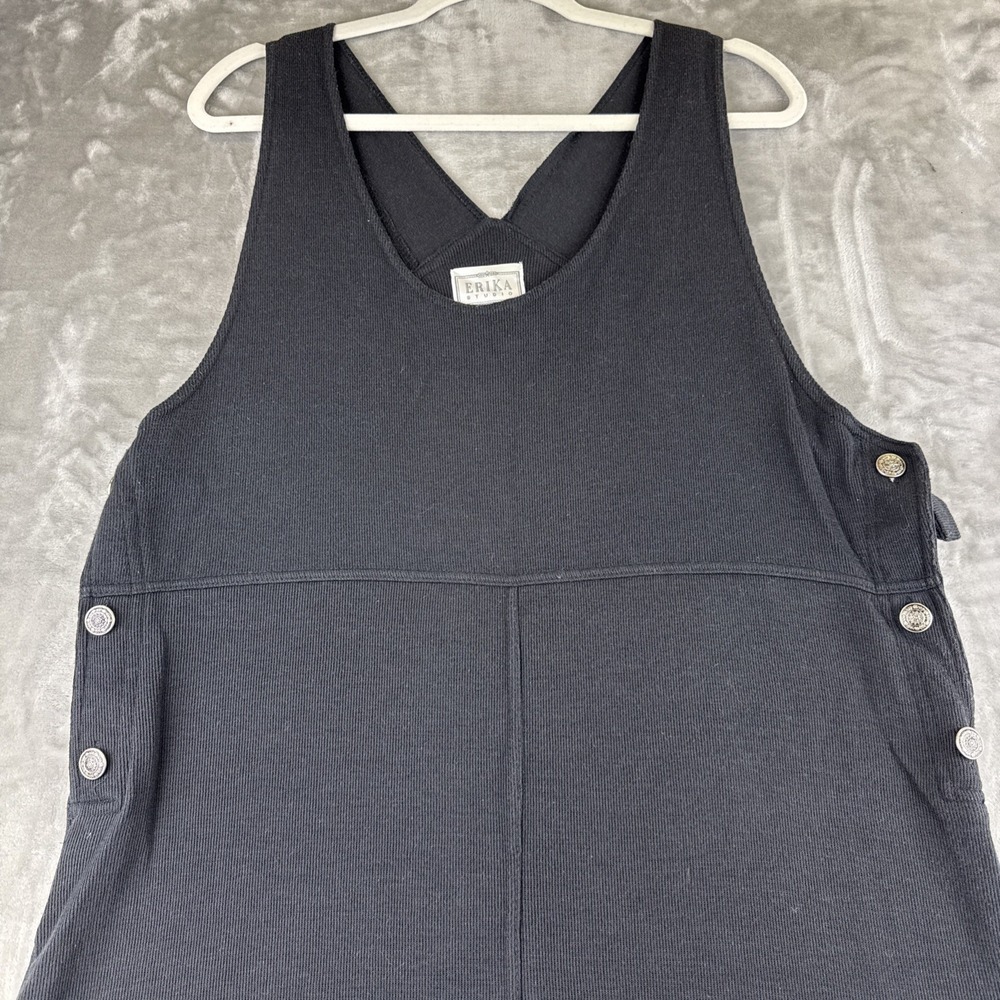 Vintage Erika Studio Overall Dress Women's M Black Buttons Ribbed 90's (1250)